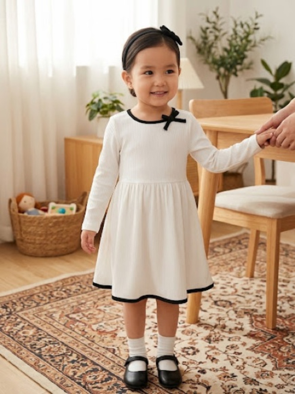 Nannette White Long-Sleeve Dress with Black Trim and Bow Accent